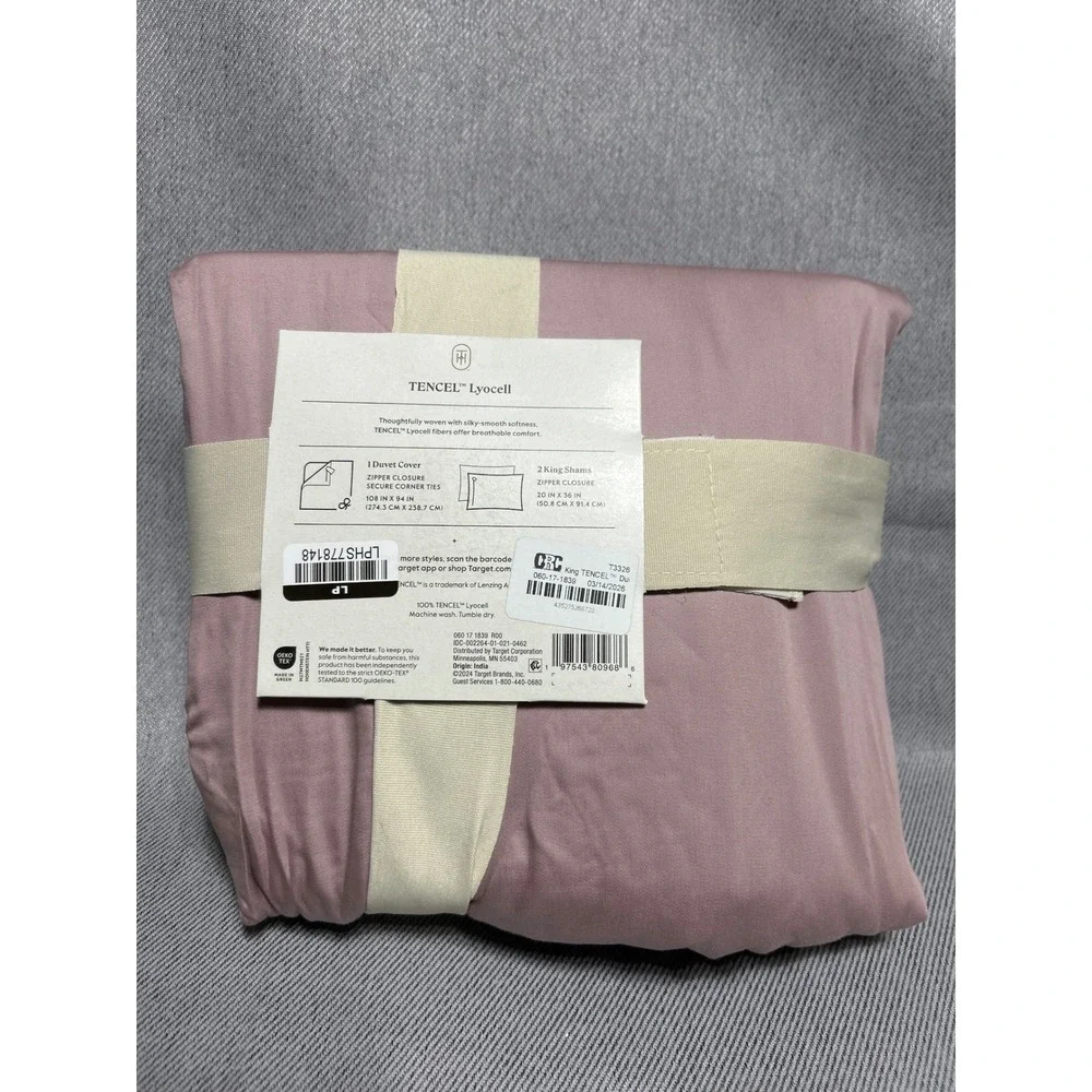 Threshold King TENCEL Lyocell Duvet Cover Set 3 Piece Pink Mauve Bedding